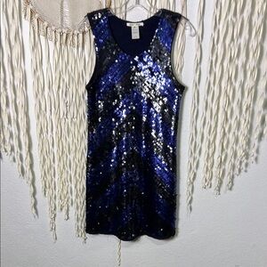 Alice + Olivia Black and Blue Chevron Print Sequin Sleeveless Mini Dress M